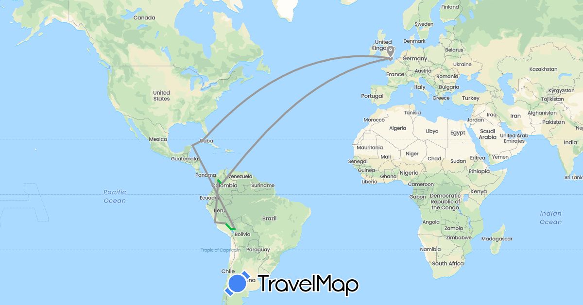 TravelMap itinerary: driving, bus, plane in Bolivia, Colombia, Cuba, United Kingdom, Mexico, Peru (Europe, North America, South America)